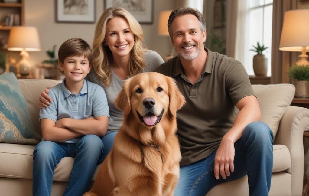 Husband, wife and son with the brown family dog. 