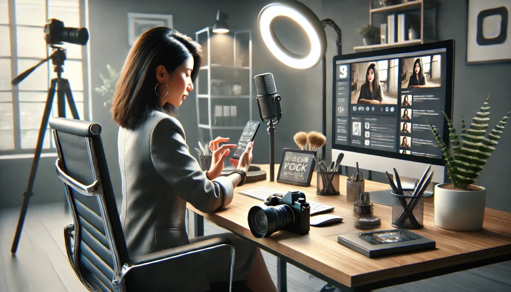 Asian woman in business suite preparing for a social media post.